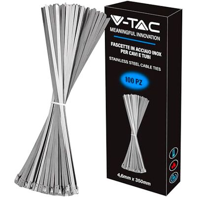 V-TAC Bridas de acero inoxidable para cables de 4,6 mm x 350 mm – Paquete de 100 unidades – Bridas para cableado multiusos – Sujetacables para electricista, mecánico, tubos de hierro V-TAC Bridas de acero inoxidable para cables de 4,6 mm x 350 mm – Paquete de 100 unidades – Bridas para cableado multiusos – Sujetacables para electricista, mecánico, tubos de hierro