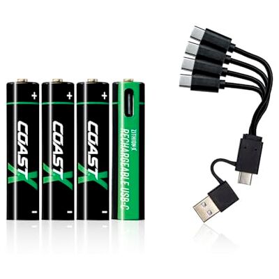 Coast Pilas AAA USB-C de Iones de Litio, 1,5 V, 750 mAh, de Larga duración, Carga en 1,3 Horas, Cable de Carga Incluido, 4 Unidades Coast Pilas AAA USB-C de Iones de Litio, 1,5 V, 750 mAh, de Larga duración, Carga en 1,3 Horas, Cable de Carga Incluido, 4 Unidades