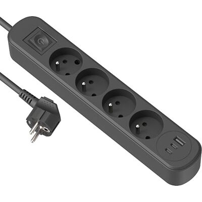 Electraline 35621 Regleta múltiple (4 Tomas 16 A, 3 USB, 1 USB A + 2 USB C PD20 W) con Interruptor, Cable de 1,5 m, Color Negro Electraline 35621 Regleta múltiple (4 Tomas 16 A, 3 USB, 1 USB A + 2 USB C PD20 W) con Interruptor, Cable de 1,5 m, Color Negro