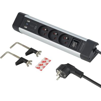 Electraline Regleta para escritorio (3 enchufes + 3 USB (1 USB C (Power Delivery) PD20 W + 2 USB A 3.0A (QuickCharge), con ganchos para montaje en el escritorio + 2 pegatinas de doble cara Electraline Regleta para escritorio (3 enchufes + 3 USB (1 USB C (Power Delivery) PD20 W + 2 USB A 3.0A (QuickCharge), con ganchos para montaje en el escritorio + 2 pegatinas de doble cara
