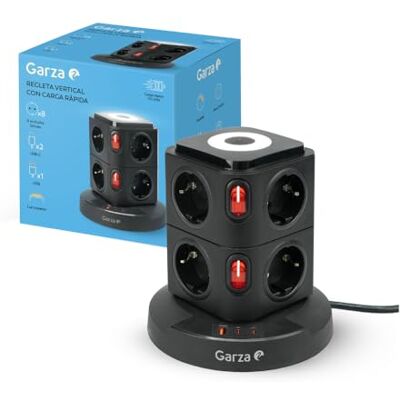 Garza Regleta Torre 11 en 1 con 8 Enchufes Schuko, 2 USB-C PD20W y 1 USB-A, Carga Rápida, Luz Nocturna Regulable, Interruptores Individuales y Protección contra Sobrecargas y Cortocircuitos, Negro Garza Regleta Torre 11 en 1 con 8 Enchufes Schuko, 2 USB-C PD20W y 1 USB-A, Carga Rápida, Luz Nocturna Regulable, Interruptores Individuales y Protección contra Sobrecargas y Cortocircuitos, Negro
