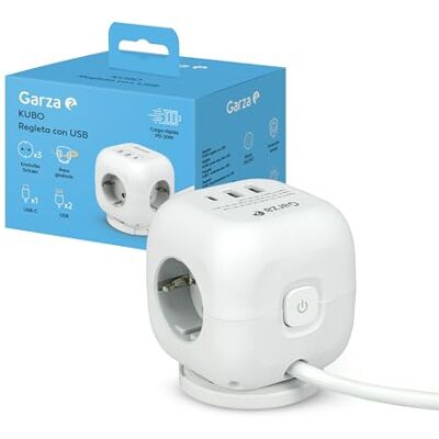 Garza Regleta Múltiple Cubo 6 en 1 con 3 Enchufes Schuko, 2 USB-A y 1 USB-C PD20W, Carga Rápida QC3.0, Botón ON/Off, Diseño Compacto Antibloqueos y Estilo Moderno Garza Regleta Múltiple Cubo 6 en 1 con 3 Enchufes Schuko, 2 USB-A y 1 USB-C PD20W, Carga Rápida QC3.0, Botón ON/Off, Diseño Compacto Antibloqueos y Estilo Moderno