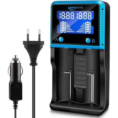 Keenstone Cargador de Batería Universal, 18650 con 2 Bahías, LCD Inteligente, Carga Rápida, para NI-MH, NI-CD, AA, AAA, Li-Ion, LiFePO4, IMR, 10440, 14500, 16340, 18650, RCR123, 26650 Keenstone Cargador de Batería Universal, 18650 con 2 Bahías, LCD Inteligente, Carga Rápida, para NI-MH, NI-CD, AA, AAA, Li-Ion, LiFePO4, IMR, 10440, 14500, 16340, 18650, RCR123, 26650