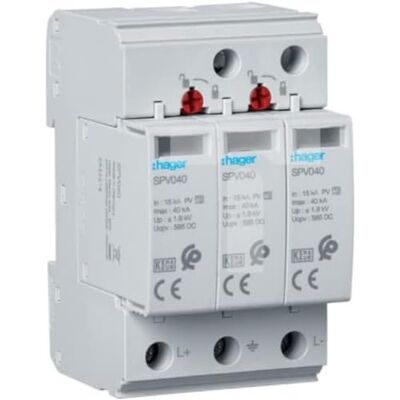 Hager Descargador de sobretensiones C tipo 2 PV 3P en 15 kA Imax 40 kV 3,7 kV 1000 V DC SPV340 Hager Descargador de sobretensiones C tipo 2 PV 3P en 15 kA Imax 40 kV 3,7 kV 1000 V DC SPV340
