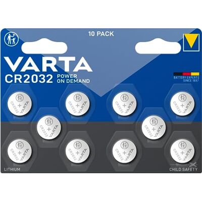 Varta Pilas de Botón CR2032, paquete de 10, Power on Demand, Lithium, 3V, embalaje seguro para niños, para dispositivos Smart Home, llaves de coche Varta Pilas de Botón CR2032, paquete de 10, Power on Demand, Lithium, 3V, embalaje seguro para niños, para dispositivos Smart Home, llaves de coche