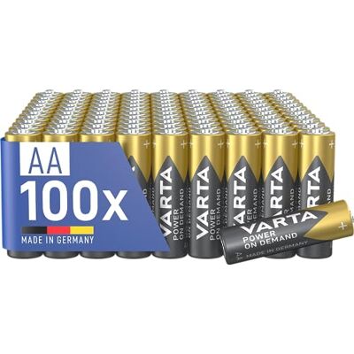 Varta Pilas AA, paquete de 100, Power on Demand, Alcalinas, 1,5V, para accesorios de ordenador, dispositivos Smart Home, linternas, Made in Germany Varta Pilas AA, paquete de 100, Power on Demand, Alcalinas, 1,5V, para accesorios de ordenador, dispositivos Smart Home, linternas, Made in Germany