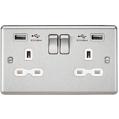 Enchufe conmutado de 13A 2G sin marca con cargador USB doble - Cromo cepillado Enchufe conmutado de 13A 2G sin marca con cargador USB doble - Cromo cepillado