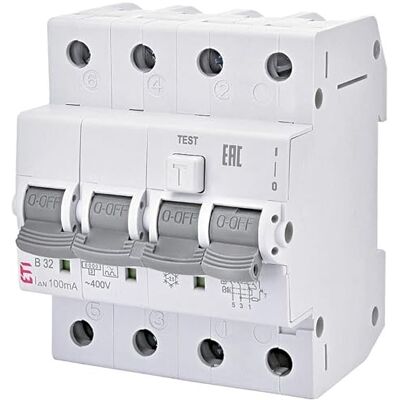 ETI Disyuntor FI-LS KZS-4M A, 3 polos + N, tipo A, C13/0,03A, acción instantánea ETI Disyuntor FI-LS KZS-4M A, 3 polos + N, tipo A, C13/0,03A, acción instantánea