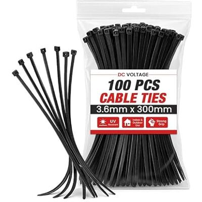 DC VOLTAGE Bridas negras de 300 mm x 3,6 mm, resistentes, 100 unidades, 30,5 cm, ultra fuertes, resistencia a la tracción de 22 kg, bridas de plástico resistentes a los rayos UV, bridas de plástico DC VOLTAGE Bridas negras de 300 mm x 3,6 mm, resistentes, 100 unidades, 30,5 cm, ultra fuertes, resistencia a la tracción de 22 kg, bridas de plástico resistentes a los rayos UV, bridas de plástico