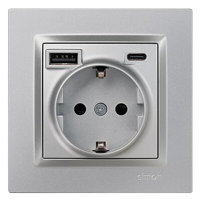 Simon – Enchufe de Empotrar Schuko + 2 Puertos USB A+C (10,5W), Serie 10, 250V, 16A, Enchufe de Pared con Carga Adicional, Incluye Marco, Tapa y Mecanismo, Color Aluminio Simon – Enchufe de Empotrar Schuko + 2 Puertos USB A+C (10,5W), Serie 10, 250V, 16A, Enchufe de Pared con Carga Adicional, Incluye Marco, Tapa y Mecanismo, Color Aluminio