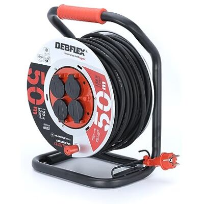 DEBFLEX Enrollador HO7RN-F 3G1,5 mm² – Enrollador eléctrico con alargador eléctrico 50 m + 4 enchufes impermeables IP44 – Con guía de cable + bloqueo de seguridad – PVC + metal – Negro DEBFLEX Enrollador HO7RN-F 3G1,5 mm² – Enrollador eléctrico con alargador eléctrico 50 m + 4 enchufes impermeables IP44 – Con guía de cable + bloqueo de seguridad – PVC + metal – Negro