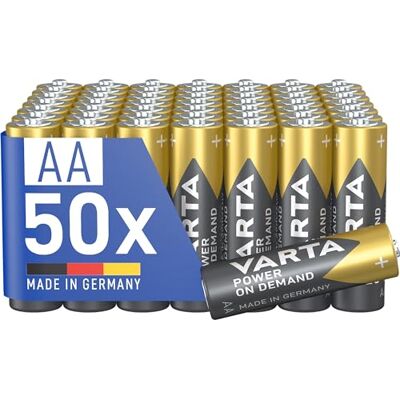 Varta Pilas AA, paquete de 50, Power on Demand, alcalinas, 1,5V, inteligentes, flexibles, para accesorios de ordenador, dispositivos Smart Home, linternas, Made in Germany Varta Pilas AA, paquete de 50, Power on Demand, alcalinas, 1,5V, inteligentes, flexibles, para accesorios de ordenador, dispositivos Smart Home, linternas, Made in Germany