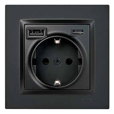 Simon – Enchufe de Empotrar Schuko + 2 Puertos USB A+C (10,5W), Serie 10, 250V, 16A, Enchufe de Pared con Carga Adicional, Incluye Marco, Tapa y Mecanismo, Color Negro Mate Simon – Enchufe de Empotrar Schuko + 2 Puertos USB A+C (10,5W), Serie 10, 250V, 16A, Enchufe de Pared con Carga Adicional, Incluye Marco, Tapa y Mecanismo, Color Negro Mate
