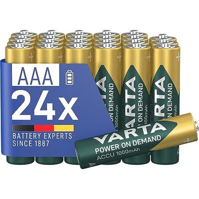 Varta Pilas AAA, recargables, paquete de 24, Recharge Accu Power on Demand, batería recargable, 1000 mAh Ni-MH, sin efecto memoria, precargadas, listas para usar Varta Pilas AAA, recargables, paquete de 24, Recharge Accu Power on Demand, batería recargable, 1000 mAh Ni-MH, sin efecto memoria, precargadas, listas para usar