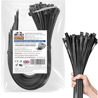 Dragon Paquete de 250 bridas de nailon PA66 de alta resistencia, color negro, 300 mm x 4,8 mm, bridas de cremallera autobloqueantes de grado industrial para el hogar, oficina, garaje y taller Dragon Paquete de 250 bridas de nailon PA66 de alta resistencia, color negro, 300 mm x 4,8 mm, bridas de cremallera autobloqueantes de grado industrial para el hogar, oficina, garaje y taller