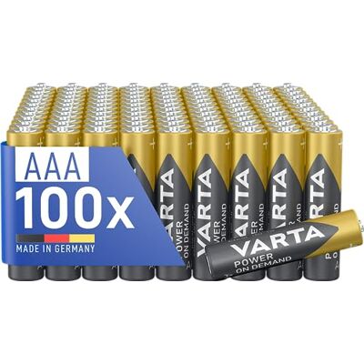 Varta Pilas AAA, paquete de 100, Power on Demand, Alcalinas, 1,5V, para accesorios de ordenador, dispositivos Smart Home, linternas, Made in Germany Varta Pilas AAA, paquete de 100, Power on Demand, Alcalinas, 1,5V, para accesorios de ordenador, dispositivos Smart Home, linternas, Made in Germany
