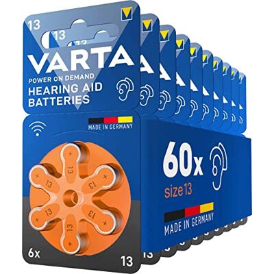 Varta Pilas para aparatos auditivos tipo 13 naranja, paquete de 60, Power on Demand, batería de audífono, pilas de botón para audífonos, Made in Germany Varta Pilas para aparatos auditivos tipo 13 naranja, paquete de 60, Power on Demand, batería de audífono, pilas de botón para audífonos, Made in Germany