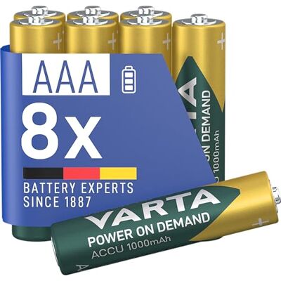 Varta Pilas AAA, recargables, paquete de 8, batería recargable, Power on Demand, 1000 mAh Ni-Mh, precargadas, listas para usar Varta Pilas AAA, recargables, paquete de 8, batería recargable, Power on Demand, 1000 mAh Ni-Mh, precargadas, listas para usar