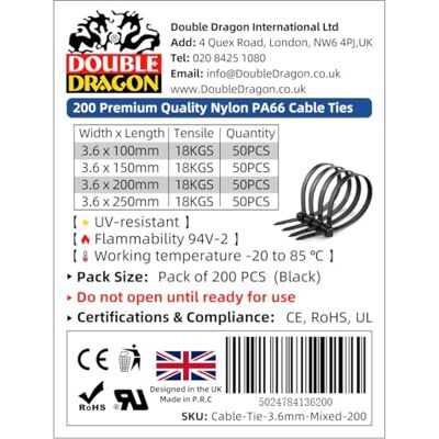 Dragon 200 bridas de nailon negro PA66 de alta resistencia, 4 tamaños (100 mm, 150 mm, 200 mm, 250 mm) x 3,6 mm, fuertes bridas de cierre autoblocante para gestión de cables, hogar, oficina y Dragon 200 bridas de nailon negro PA66 de alta resistencia, 4 tamaños (100 mm, 150 mm, 200 mm, 250 mm) x 3,6 mm, fuertes bridas de cierre autoblocante para gestión de cables, hogar, oficina y