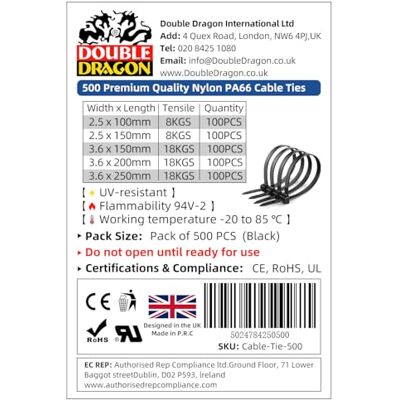 Dragon Paquete de 500 bridas negras resistentes para cables largas y pequeñas (100 mm x 2,5, 150 mm x 2,5, 150 mm x 3,6, 200 mm x 3,6, 250 mm x 3,6) bridas de plástico de nailon autobloqueantes Dragon Paquete de 500 bridas negras resistentes para cables largas y pequeñas (100 mm x 2,5, 150 mm x 2,5, 150 mm x 3,6, 200 mm x 3,6, 250 mm x 3,6) bridas de plástico de nailon autobloqueantes