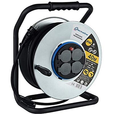 Electraline Carrete eléctrico Profesional Impermeable IP44 40 m de Goma 3 G2,5 m² para Obras, Metal, 4 Tomas de Corriente, con guía de Cables, Negro Electraline Carrete eléctrico Profesional Impermeable IP44 40 m de Goma 3 G2,5 m² para Obras, Metal, 4 Tomas de Corriente, con guía de Cables, Negro