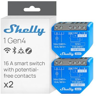 Shelly 1 Gen4 – Módulo interruptor inalámbrico Matter, Zigbee y Wi-Fi, 1 canal 16A, Contactos secos, Relé abrepuertas de garaje, Control por aplicación y voz Alexa, Google y Apple HomeKit 2 Piezas Shelly 1 Gen4 – Módulo interruptor inalámbrico Matter, Zigbee y Wi-Fi, 1 canal 16A, Contactos secos, Relé abrepuertas de garaje, Control por aplicación y voz Alexa, Google y Apple HomeKit 2 Piezas