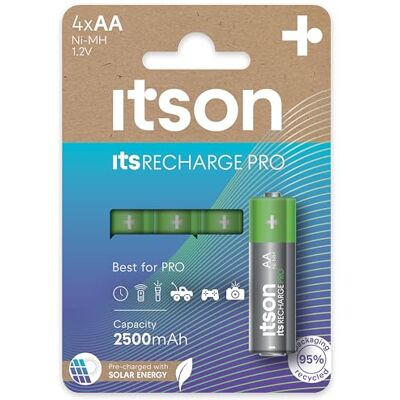ITSON , Pilas Recargables AA, Pro, Paquete de 4, Pilas Recargables de Gran Potencia, precargadas, Capacidad mínima 2500 mAh, Embalaje con 95% de Materiales reciclados, Made in Japan ITSON , Pilas Recargables AA, Pro, Paquete de 4, Pilas Recargables de Gran Potencia, precargadas, Capacidad mínima 2500 mAh, Embalaje con 95% de Materiales reciclados, Made in Japan