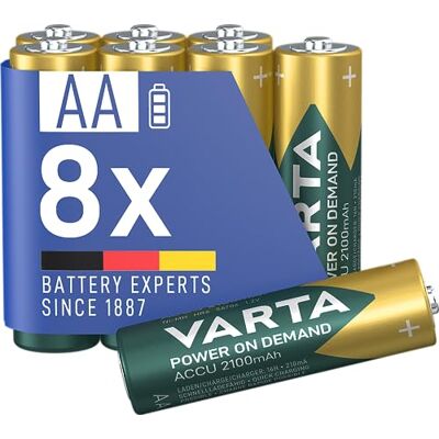 Varta Pilas AA, recargables, paquete de 8, batería recargable, Power on Demand, 2100 mAh Ni-Mh, precargadas, listas para usar Varta Pilas AA, recargables, paquete de 8, batería recargable, Power on Demand, 2100 mAh Ni-Mh, precargadas, listas para usar