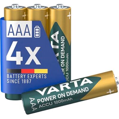 Varta Pilas AAA, recargables, paquete de 4, Recharge Accu Power, batería recargable, 1000 mAh Ni-MH, sin efecto memoria, precargadas, listas para usar Varta Pilas AAA, recargables, paquete de 4, Recharge Accu Power, batería recargable, 1000 mAh Ni-MH, sin efecto memoria, precargadas, listas para usar