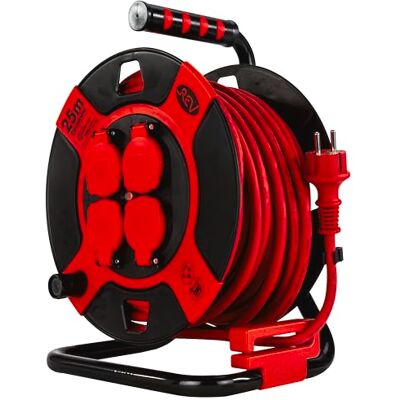REV Carrete de cables EX, 25m, H07RN, IP44, 3000W, cable de extensión, exterior, 4 enchufes con conexión a tierra, rojo REV Carrete de cables EX, 25m, H07RN, IP44, 3000W, cable de extensión, exterior, 4 enchufes con conexión a tierra, rojo