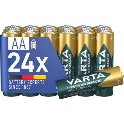 Varta Pilas AA, recargables, paquete de 24, Recharge Accu Power on Demand, batería recargable, 2100 mAh Ni-MH, sin efecto memoria, precargadas, listas para usar Varta Pilas AA, recargables, paquete de 24, Recharge Accu Power on Demand, batería recargable, 2100 mAh Ni-MH, sin efecto memoria, precargadas, listas para usar