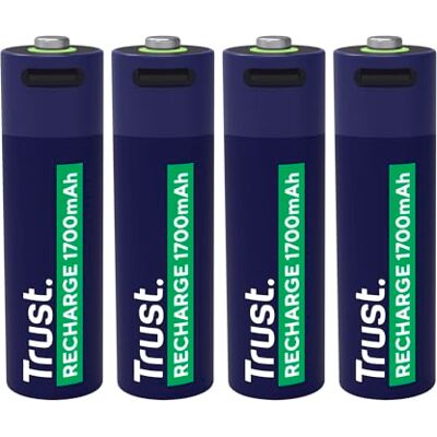 Trust Pilas Recargables AA USB-C 4 Piezas, Puerto USB-C Integrado, No Necesita Cargador de Batería, Alta Capacidad 1700 mAh, Carga con Cable USB Incluido/Cargador de Teléfono, Paquete de 4 Trust Pilas Recargables AA USB-C 4 Piezas, Puerto USB-C Integrado, No Necesita Cargador de Batería, Alta Capacidad 1700 mAh, Carga con Cable USB Incluido/Cargador de Teléfono, Paquete de 4