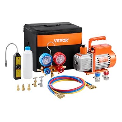 VEVOR 4,5 CFM Bomba de Vacío y Manómetro de Aire Acondicionado de 1 Etapa Kit de Manómetro de Colector de Refrigerante de Aire Acondicionado con Mangueras para R134a, R12, R22, R502a, R410A,R404,R407C VEVOR 4,5 CFM Bomba de Vacío y Manómetro de Aire Acondicionado de 1 Etapa Kit de Manómetro de Colector de Refrigerante de Aire Acondicionado con Mangueras para R134a, R12, R22, R502a, R410A,R404,R407C