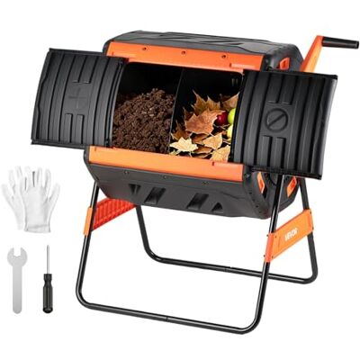VEVOR Contenedor Giratorio para Compostaje 200 L Cámara Doble, Compostador de Compostaje Rotación Asistida por Manivela, Barril de Plástico, Estructura de Acero para Residuos de Exterior, Jardín VEVOR Contenedor Giratorio para Compostaje 200 L Cámara Doble, Compostador de Compostaje Rotación Asistida por Manivela, Barril de Plástico, Estructura de Acero para Residuos de Exterior, Jardín