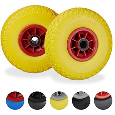 Relaxdays Set de Dos Ruedas de Carretilla, Resistente a Golpes, 3.00-4", Eje 25mm, hasta 80 kg, 260x85 mm, Amarillo-Rojo Relaxdays Set de Dos Ruedas de Carretilla, Resistente a Golpes, 3.00-4", Eje 25mm, hasta 80 kg, 260x85 mm, Amarillo-Rojo