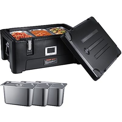 VEVOR Transportador de alimentos aislado 36 cuartos caja caliente apilable para catering con 3 sartenes de acero inoxidable calentador de alimentos LLDPE con asas laterales elásticas y hebillas, Negro VEVOR Transportador de alimentos aislado 36 cuartos caja caliente apilable para catering con 3 sartenes de acero inoxidable calentador de alimentos LLDPE con asas laterales elásticas y hebillas, Negro