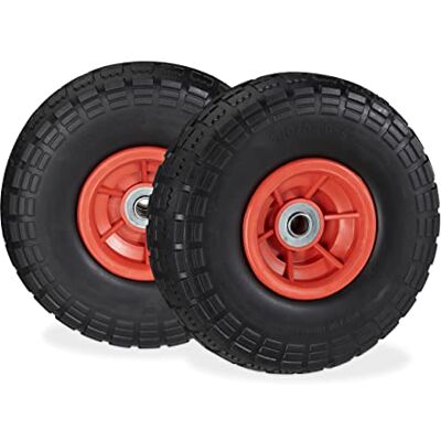 Relaxdays 4 Ruedas de Carro, Antipinchazos, Macizas, 4.10/3.50-4", Eje de 16 mm, hasta 150 kg, 260x85mm, Negro y Rojo Relaxdays 4 Ruedas de Carro, Antipinchazos, Macizas, 4.10/3.50-4", Eje de 16 mm, hasta 150 kg, 260x85mm, Negro y Rojo