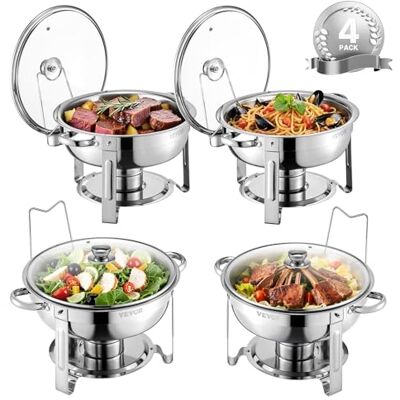 VEVOR Calentador de Alimentos para Bufé con 4 Recipientes Tamaño Completo(4,7 L Cada Uno), Redondo, para Catering con Tapa de Vidrio y Bandeja de Agua y Soporte Plegable, para Bufé, Bodas, Plata VEVOR Calentador de Alimentos para Bufé con 4 Recipientes Tamaño Completo(4,7 L Cada Uno), Redondo, para Catering con Tapa de Vidrio y Bandeja de Agua y Soporte Plegable, para Bufé, Bodas, Plata