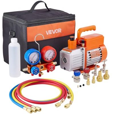 VEVOR Bomba de Vacío y Manómetro de 115 L/min para Aire Acondicionado de una Sola Etapa de Paletas Rotativas con Detector de Fugas y Bolsa de Transporte para Refrigerantes R134a, R22, R410a y R1234YF VEVOR Bomba de Vacío y Manómetro de 115 L/min para Aire Acondicionado de una Sola Etapa de Paletas Rotativas con Detector de Fugas y Bolsa de Transporte para Refrigerantes R134a, R22, R410a y R1234YF