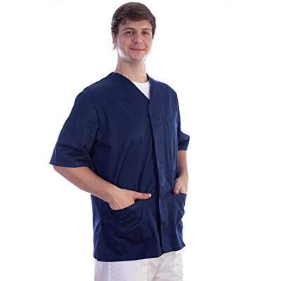 GIMA Casaca de algodón y poliéster, uniforme hospitalario, color azul oscuro, cuello en V, media manga, 5 botones, unisex, talla L, para médicos, veterinarios, enfermeras y personal sanitario GIMA Casaca de algodón y poliéster, uniforme hospitalario, color azul oscuro, cuello en V, media manga, 5 botones, unisex, talla L, para médicos, veterinarios, enfermeras y personal sanitario