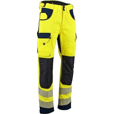 LMA Workwear DEFENSE Pantalones de alta visibilidad con bolsillos en las rodillas, talla 56, color amarillo fluorescente y azul oscuro LMA Workwear DEFENSE Pantalones de alta visibilidad con bolsillos en las rodillas, talla 56, color amarillo fluorescente y azul oscuro