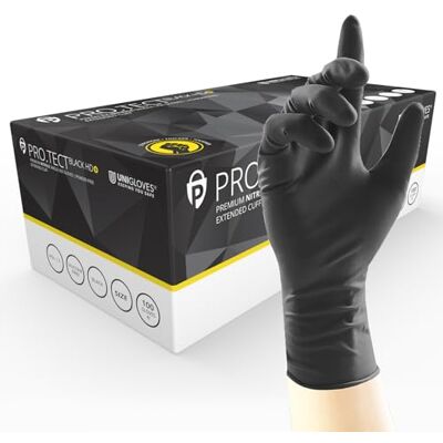 UNIGLOVES PRO.TECT Guantes de nitrilo negro HD+ resistentes (100 unidades), color negro UNIGLOVES PRO.TECT Guantes de nitrilo negro HD+ resistentes (100 unidades), color negro