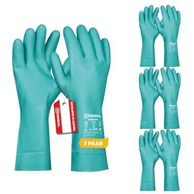 Gebol Green Tech Guantes de nitrilo contra productos químicos, ácidos, aceite y grasa, guantes de trabajo impermeables para limpieza, jardín y laboratorio, para hombre, talla L (9), color verde, 3 Gebol Green Tech Guantes de nitrilo contra productos químicos, ácidos, aceite y grasa, guantes de trabajo impermeables para limpieza, jardín y laboratorio, para hombre, talla L (9), color verde, 3