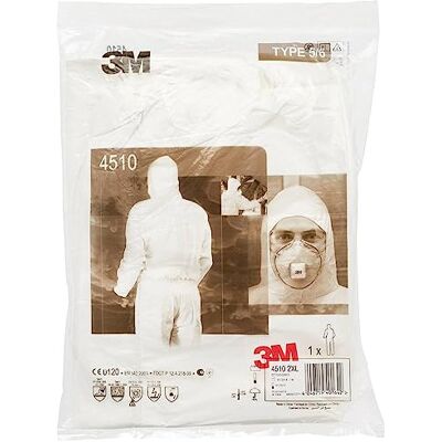 3M 4532W2XL AR Protective Coverall with 3 panel elasticated hood ankles waist and knitted cuffs, Antistatic breathable fabric, Type 5/6, Size XX-Large, White (Pack of 20) 3M 4532W2XL AR Protective Coverall with 3 panel elasticated hood ankles waist and knitted cuffs, Antistatic breathable fabric, Type 5/6, Size XX-Large, White (Pack of 20)
