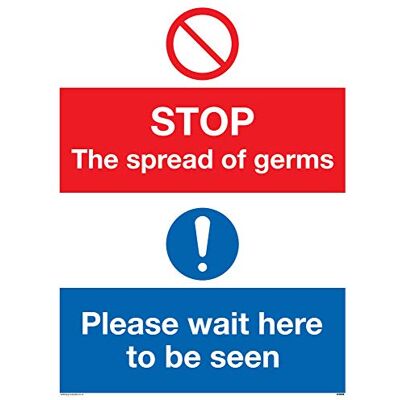 Viking Señal de plástico rígido de 3 mm con texto en inglés "STOP germs Please wait here to be view". Viking Señal de plástico rígido de 3 mm con texto en inglés "STOP germs Please wait here to be view".