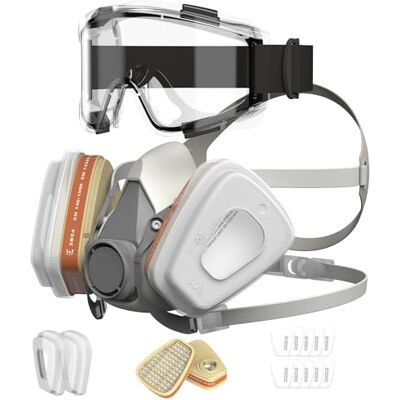 AIMAX Máscara Respiratoria Reutilizable con Filtros A1P2, Cubierta Facial Antipolvo con Gafas de Protección y Filtros de Repuesto, Ideal para Pintura, Pulido, Bricolaje y Trabajo AIMAX Máscara Respiratoria Reutilizable con Filtros A1P2, Cubierta Facial Antipolvo con Gafas de Protección y Filtros de Repuesto, Ideal para Pintura, Pulido, Bricolaje y Trabajo