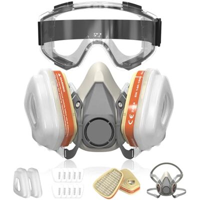 SURFOU Mascarilla A1P2 Antipolvo, Media Máscara Reutilizable con 2 Cartuchos Filtro + 10 Prefiltros + Gafas de Protección, para Pintura, Esmaltado, Pulido y Resina Epoxi SURFOU Mascarilla A1P2 Antipolvo, Media Máscara Reutilizable con 2 Cartuchos Filtro + 10 Prefiltros + Gafas de Protección, para Pintura, Esmaltado, Pulido y Resina Epoxi