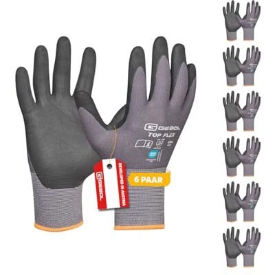 Gebol Top Flex Guantes de trabajo ligeros sin costuras, de nailon y elastano, guantes de montaje con alta sensación al tacto, para hombre, talla L (Gr 9), color gris, 6 pares Gebol Top Flex Guantes de trabajo ligeros sin costuras, de nailon y elastano, guantes de montaje con alta sensación al tacto, para hombre, talla L (Gr 9), color gris, 6 pares