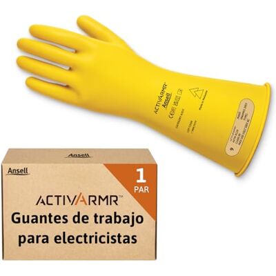 Ansell ActivArmr Guantes Aislantes Dieléctricos, Protección Eléctrica Class 00, Tensión 500V, Trabajos con Electricidad, Látex de Caucho Natural, 36 cm, Amarillo, Talla M, 1 Par Ansell ActivArmr Guantes Aislantes Dieléctricos, Protección Eléctrica Class 00, Tensión 500V, Trabajos con Electricidad, Látex de Caucho Natural, 36 cm, Amarillo, Talla M, 1 Par