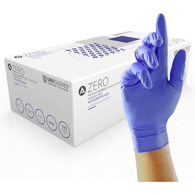 UNIGLOVES Advanced Zero Guantes de examen de nitrilo, sin acelerador, multiusos, sin polvo, zinc, azufre y látex, caja de 100 pares, azul, m UNIGLOVES Advanced Zero Guantes de examen de nitrilo, sin acelerador, multiusos, sin polvo, zinc, azufre y látex, caja de 100 pares, azul, m
